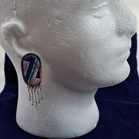 Vintage Native American Multi Stone On Sterling Silver Dangle Earrings Post - Picture 3 of 16